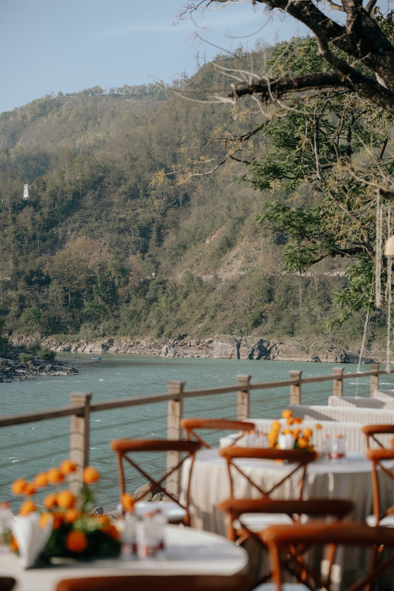 Riverside dining by the Ganga with marigolds